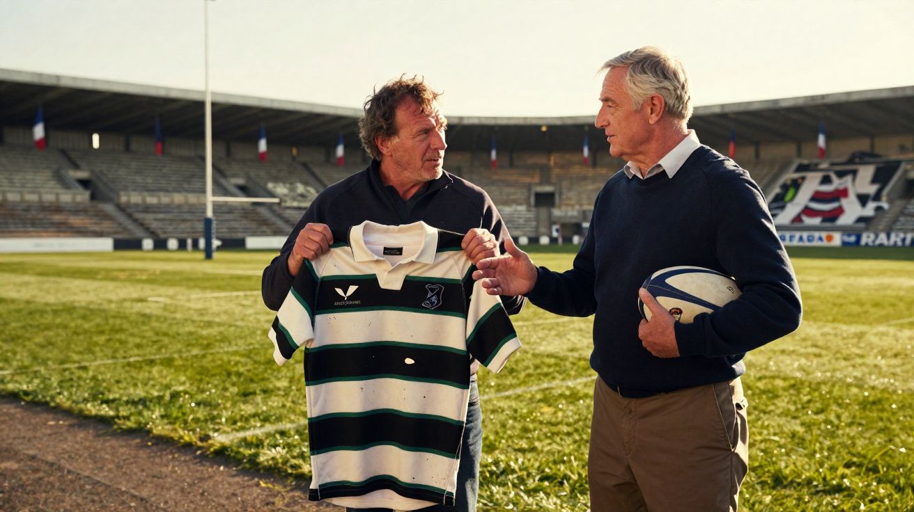 Dois homens conversando em campo de rugby, um segura uma camisa listrada verde e branca, o outro segura uma bola.