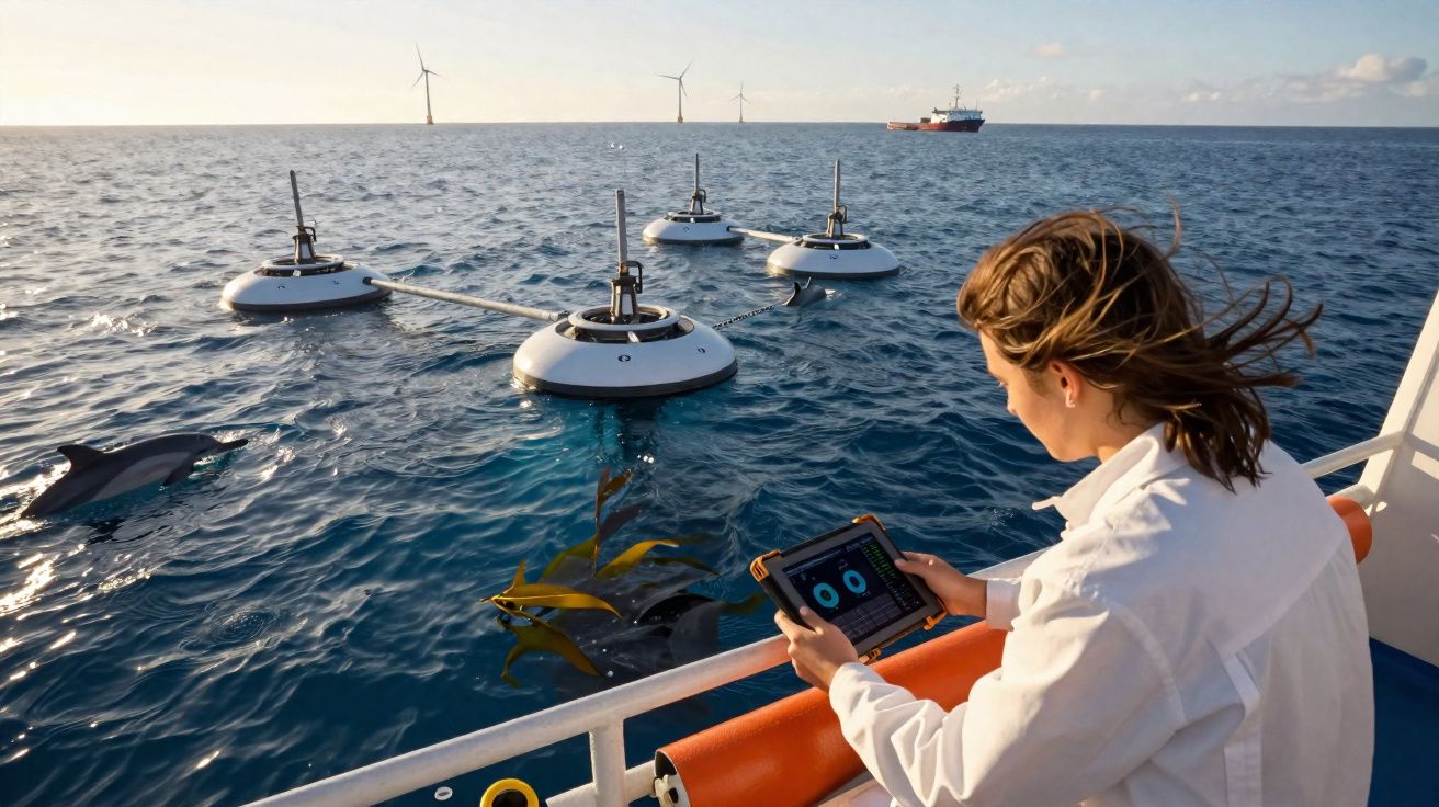 Mulher com tablet monitora equipamentos científicos flutuantes no mar com turbinas eólicas ao fundo.