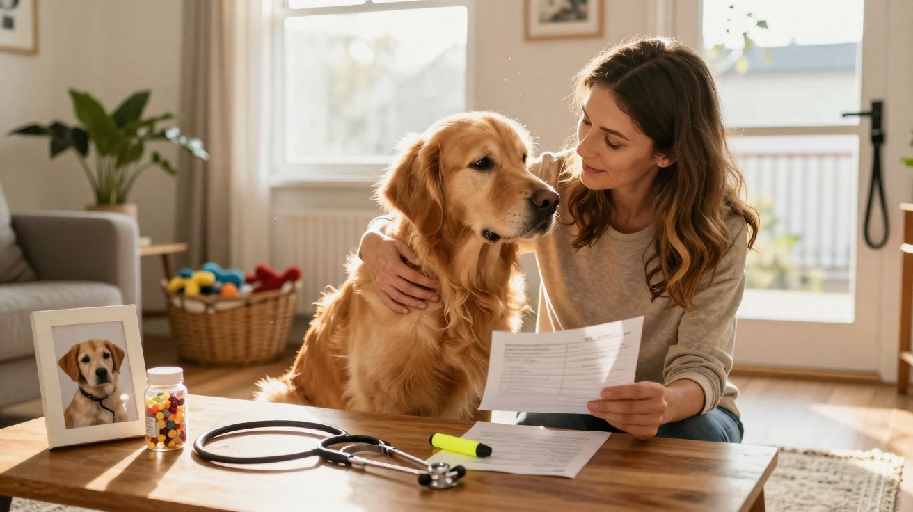 Mulher segurando documentos ao lado de cachorro Golden Retriever em ambiente iluminado e acolhedor.