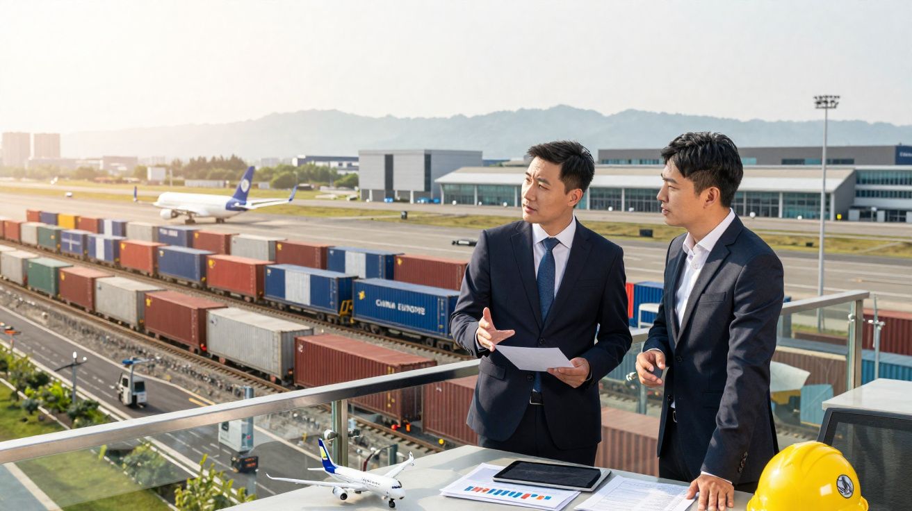 Dois homens de terno analisam documentos em área externa de terminal logístico com containers e aviões ao fundo.