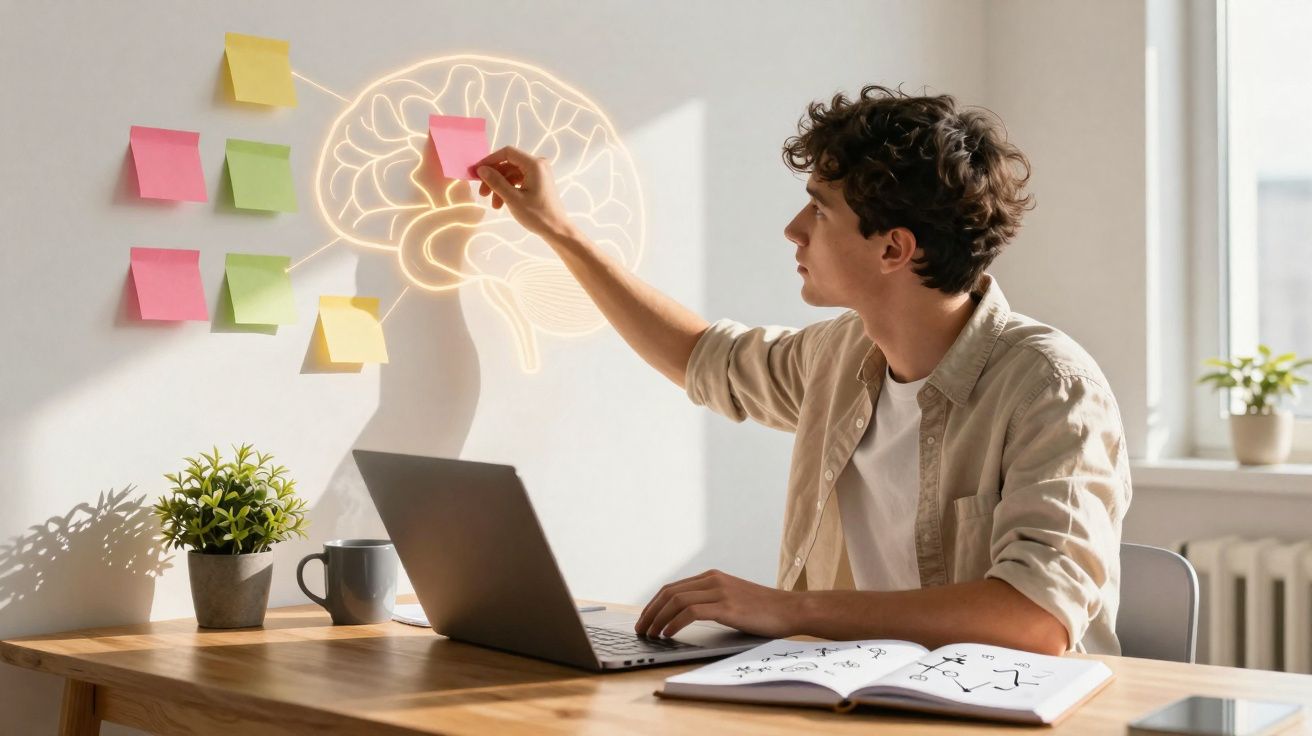 Jovem organizando post-its coloridos na parede, ao lado de laptop e caderno aberto com desenhos.