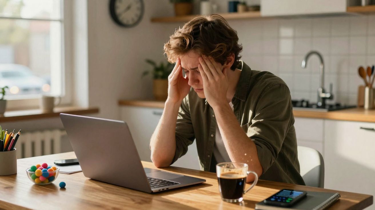 Homem sentado em mesa de cozinha com laptop, aparentando estresse e segurando a cabeça com as mãos.