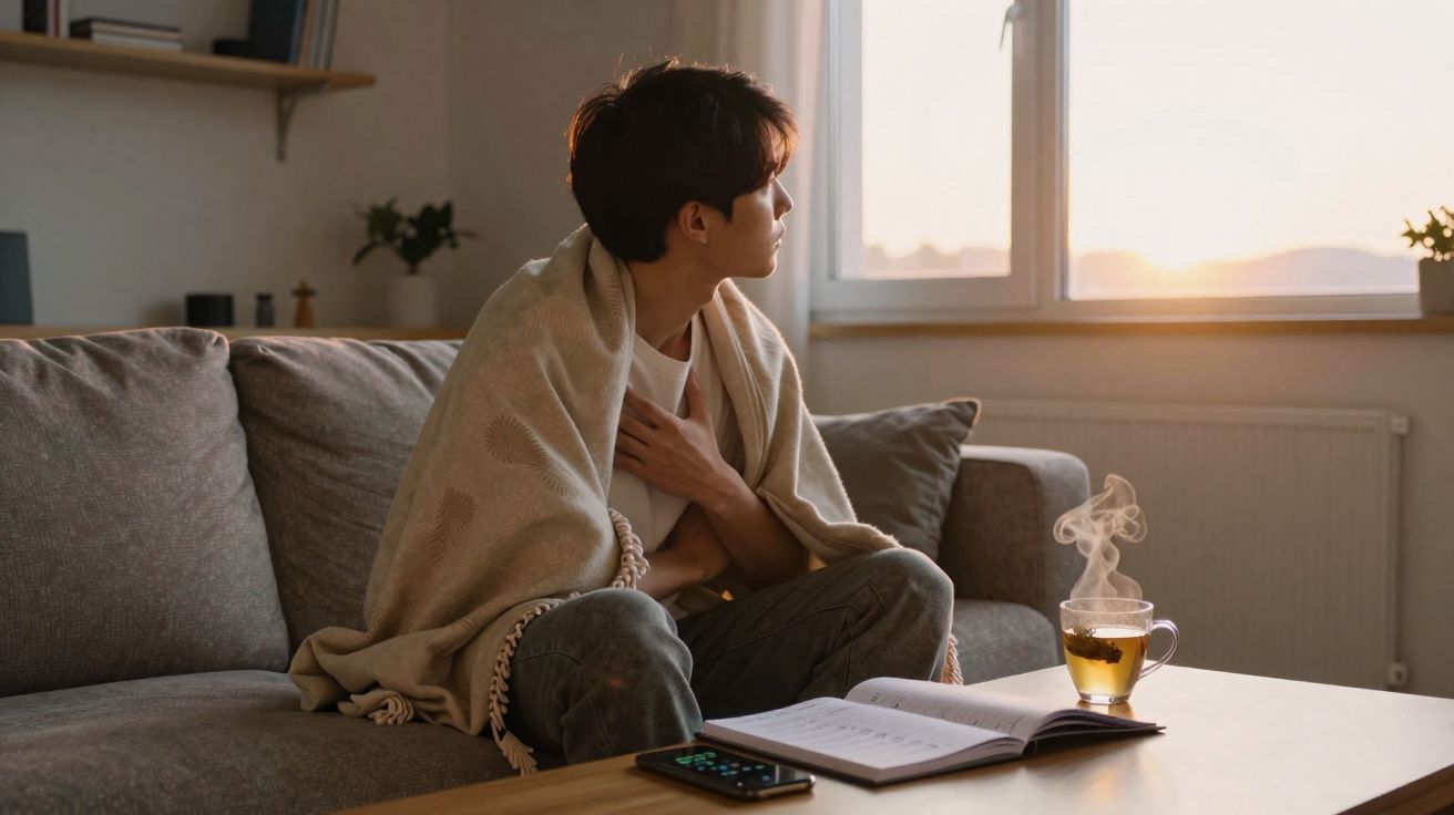 Homem com cobertor no sofá olhando pela janela ao pôr do sol com chá, livro aberto e celular na mesa.