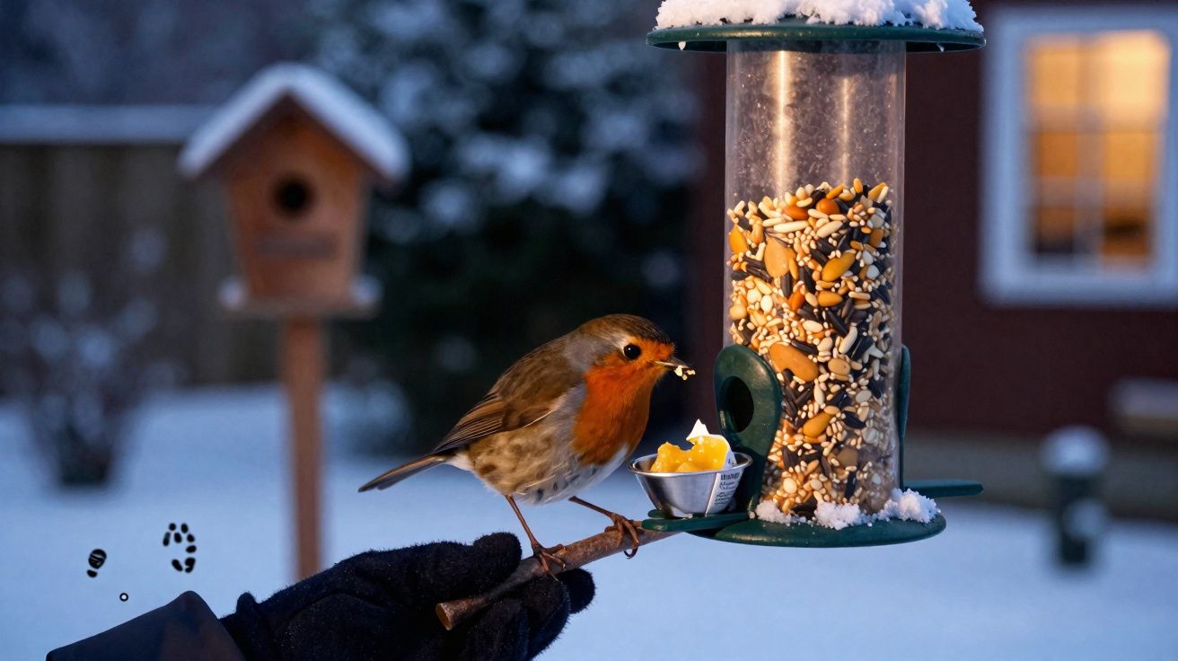 Pássaro com peito laranja se alimenta em comedouro de sementes com neve ao fundo.