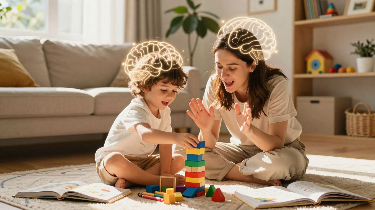 Mãe e filho brincando com blocos coloridos no tapete da sala, com ilustrações de cérebro acima das cabeças.