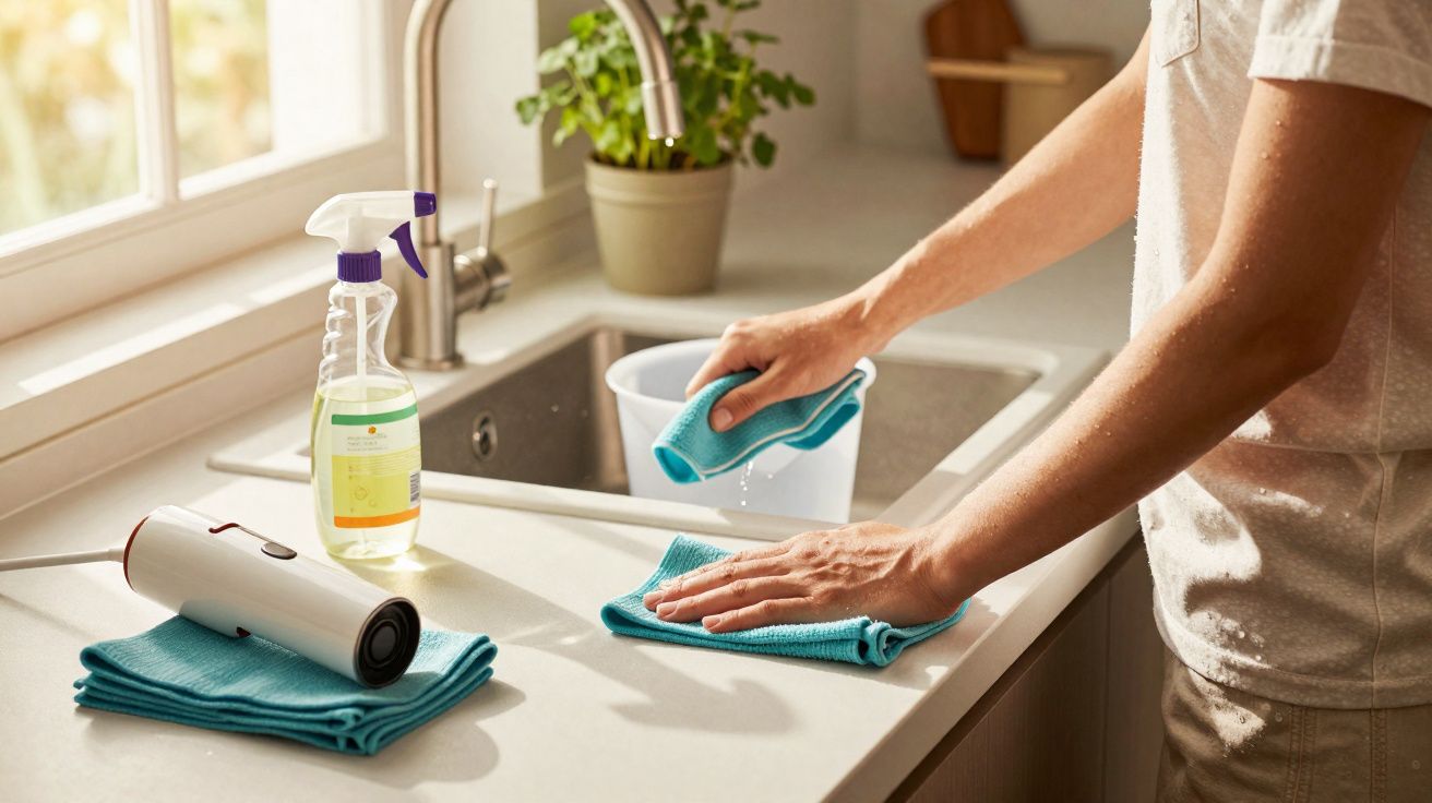 Pessoa limpando bancada da cozinha com pano azul, ao lado de garrafa de spray e balde branco.