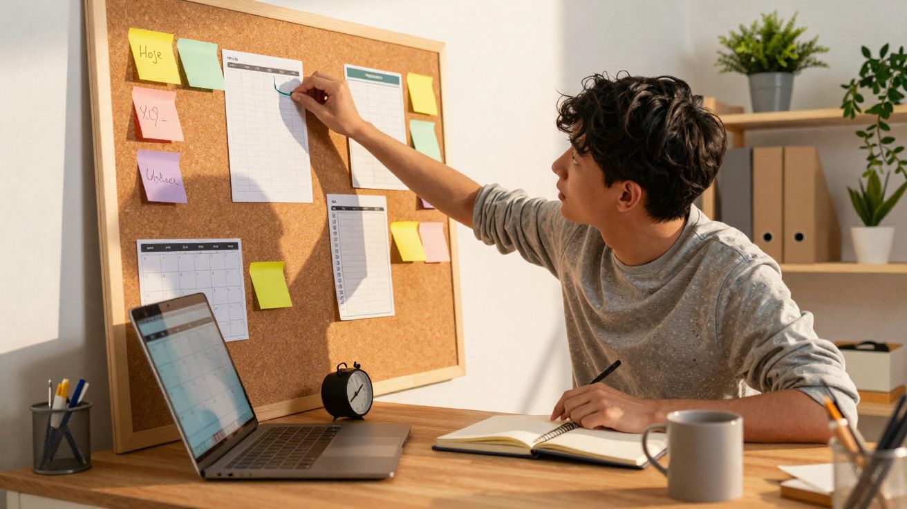 Jovem organizando tarefas em quadro de cortiça com post-its, laptop e material de estudo em mesa.