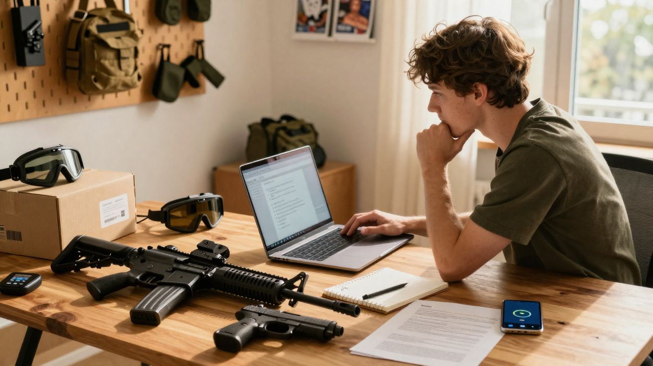Jovem sentado em mesa com notebook, armas e equipamento tático, olhando para a tela concentrado.