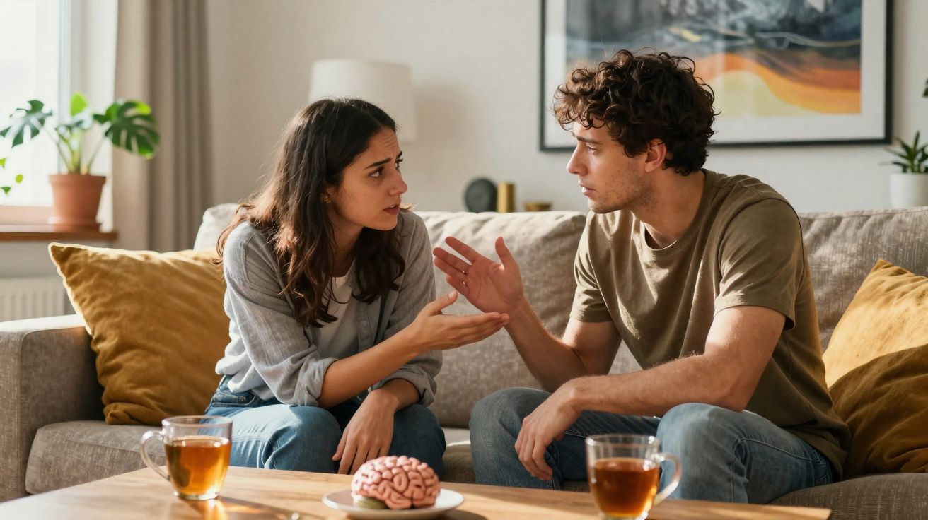 Casal sentado no sofá conversando com expressão séria em sala iluminada com plantas e quadros.