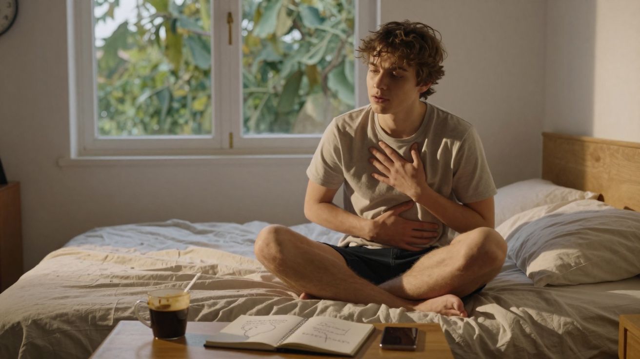 Jovem sentado na cama com expressão de dor, segurando peito e barriga, ao lado de café e caderno aberto.