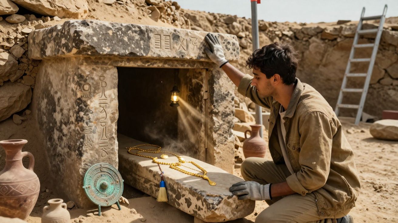 Arqueólogo explora tumba antiga com inscrições, joias douradas e vasos de cerâmica no deserto.