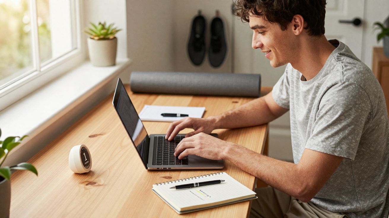 Jovem sorridente usando notebook em mesa de madeira perto de janela com plantas e caderno.