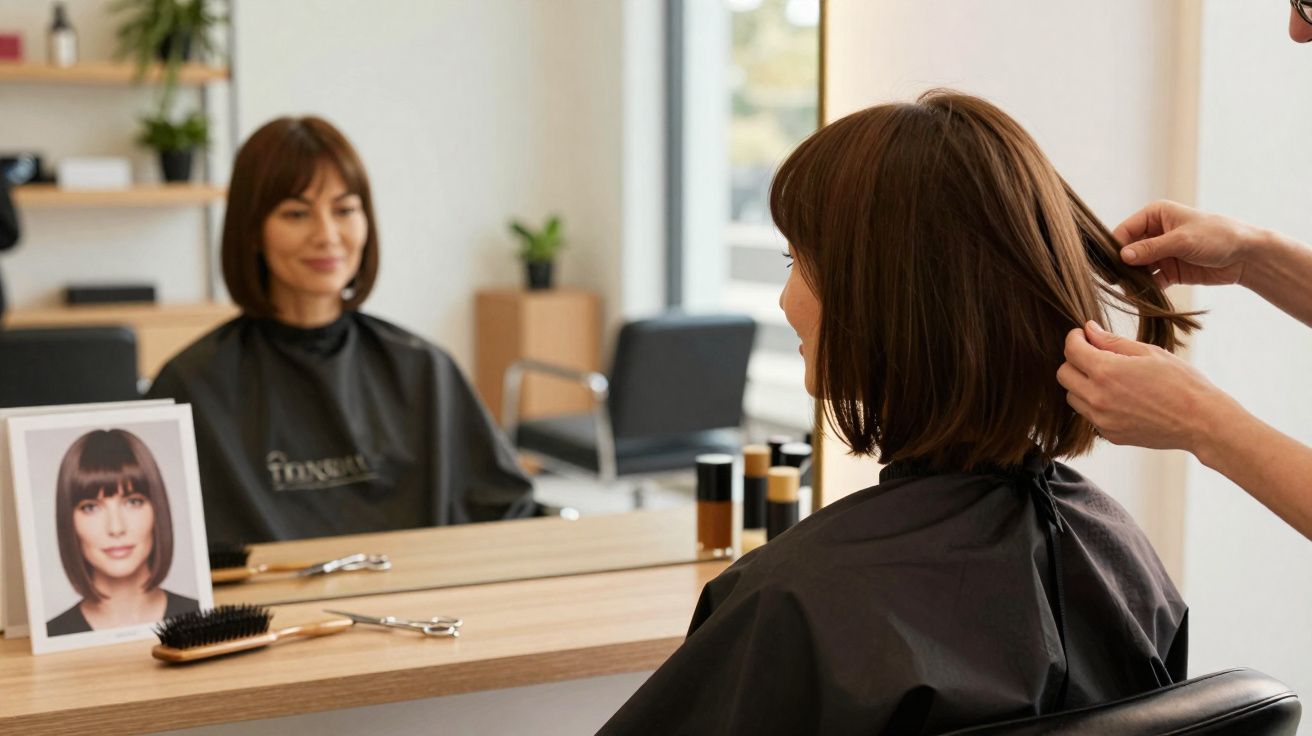 Mulher sentada em salão de beleza, cortando cabelo curto e observando o resultado no espelho.