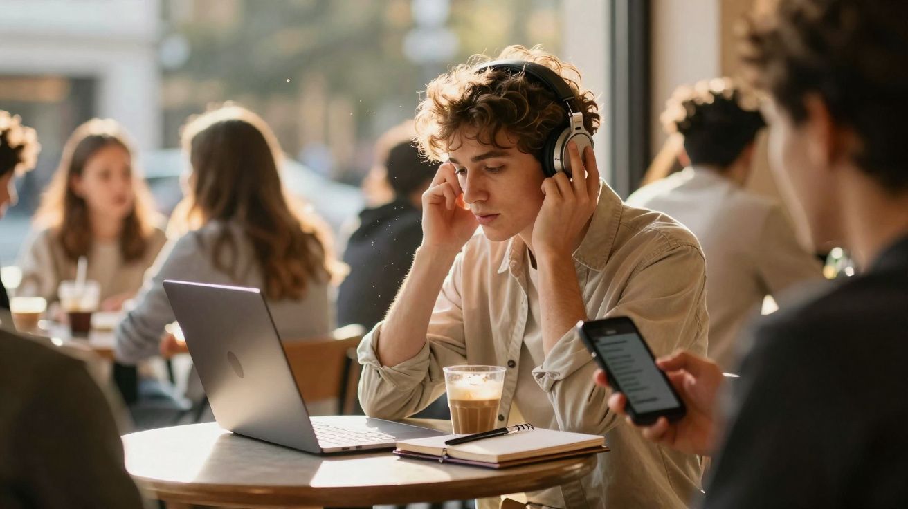 Jovem usando fones, sentado à mesa com laptop, café e agenda, em cafeteria movimentada.