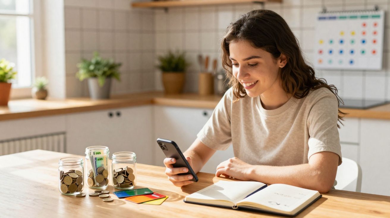 Jovem sorrindo enquanto checa celular com cofrinhos, cartões e caderno sobre mesa em cozinha iluminada.