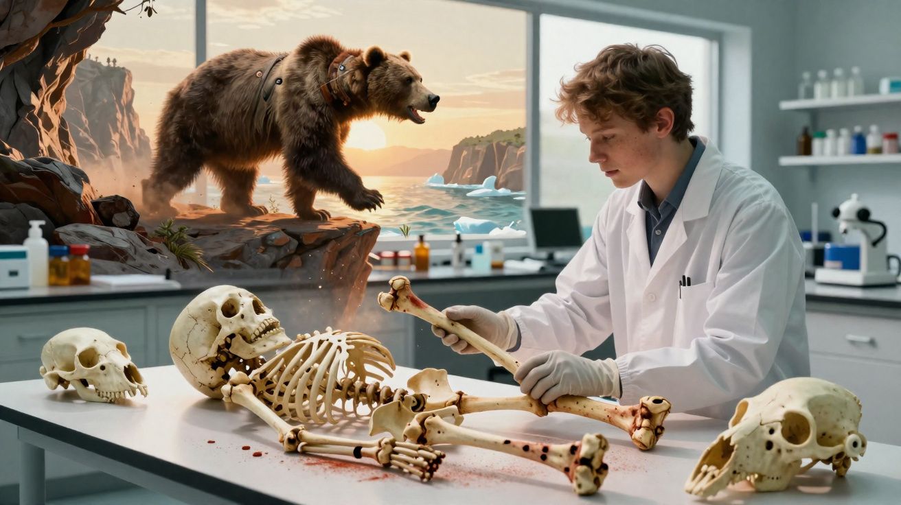 Cientista em laboratório analisa ossos humanos enquanto urso selvagem aparece em cenário natural ao fundo.