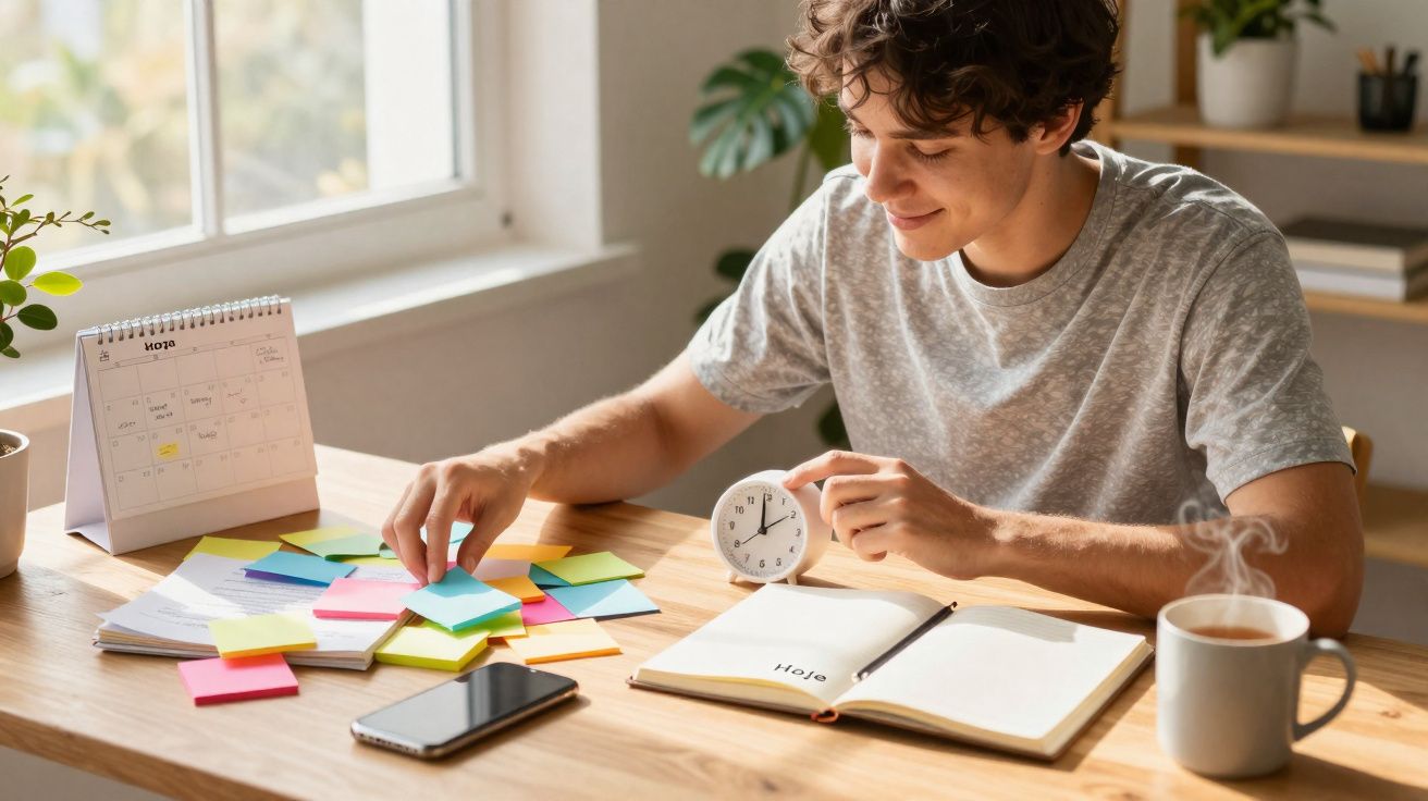 Jovem organiza notas coloridas e agenda com despertador em mesa iluminada perto da janela.