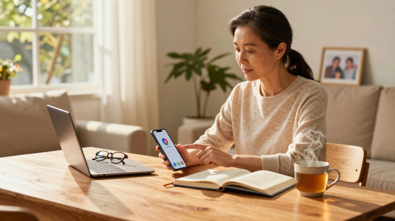 Mulher sentada à mesa com laptop, livro aberto, chá e celular mostrando aplicativo de saúde.