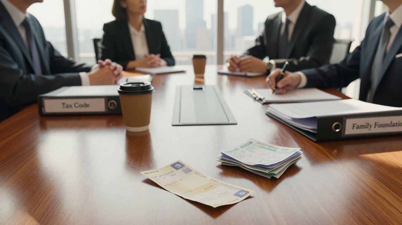 Mesa de reunião com quatro pessoas em terno, documentos e cafés em ambiente corporativo.
