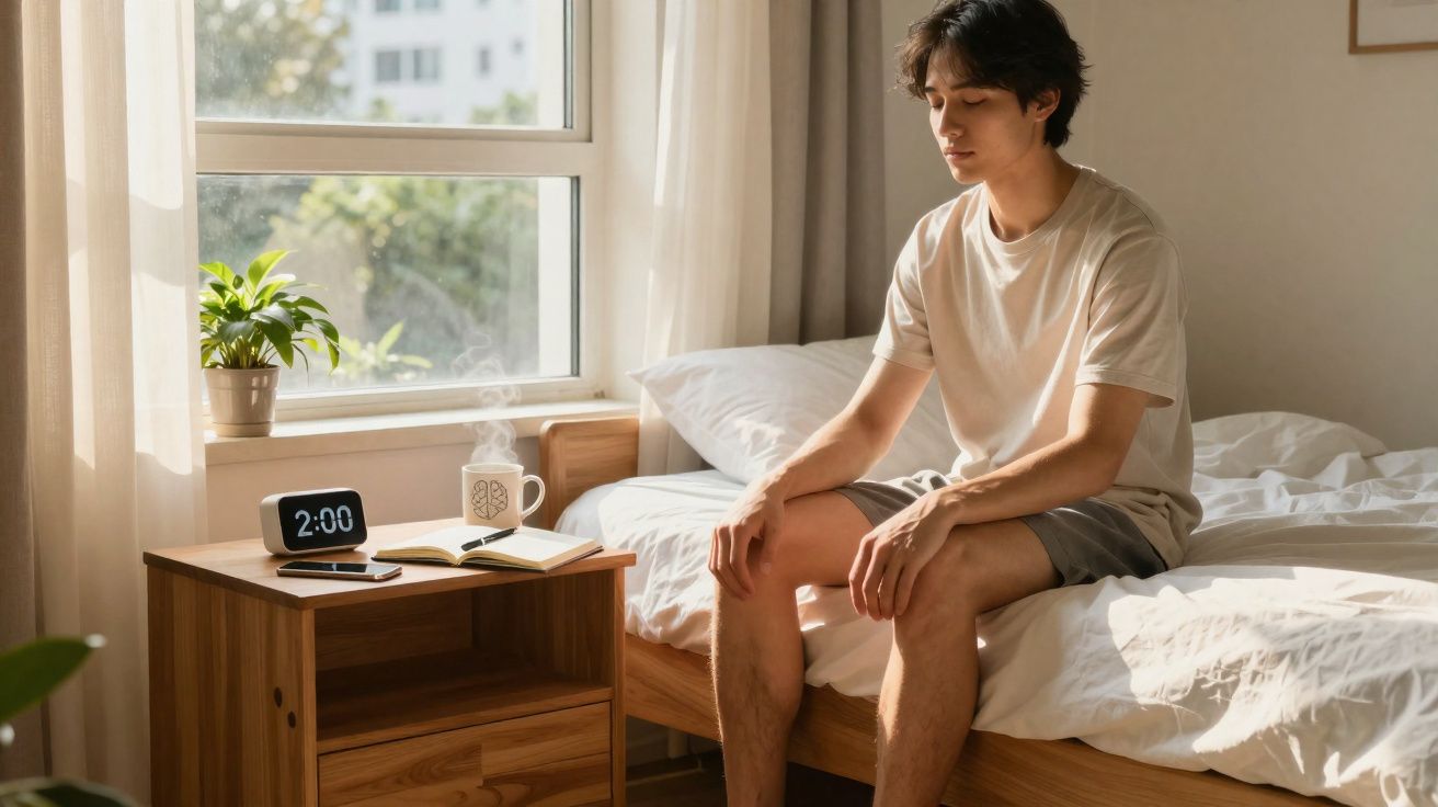 Jovem sentado na cama ao lado de mesa com livro aberto, relógio digital e caneca, em quarto iluminado pela janela.