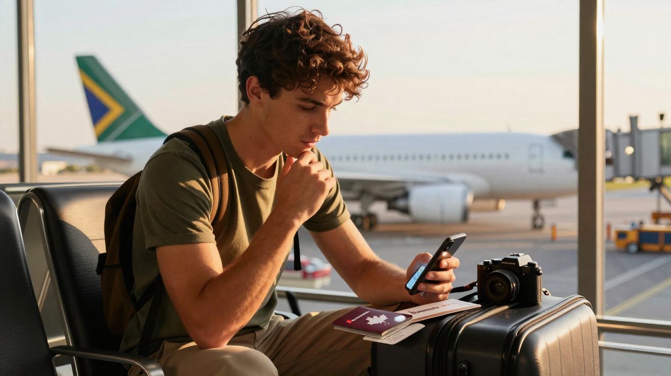 Jovem sentado no aeroporto com mochila, celular, passaporte, câmera e mala preta, avião ao fundo.