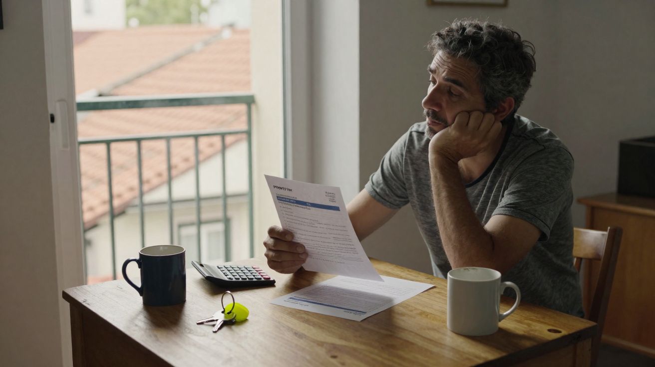 Homem sentado à mesa analisando uma conta com xícara, calculadora e chaves sobre a mesa.