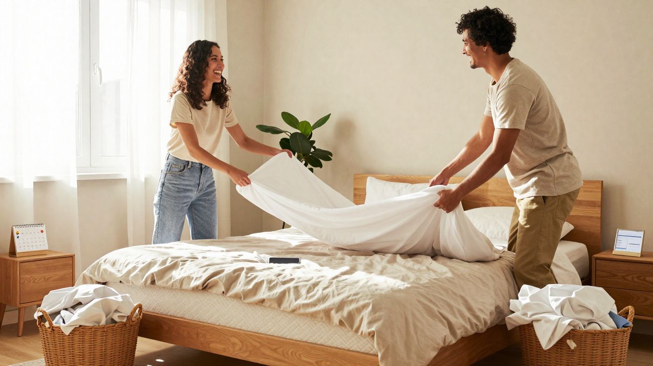 Casal sorridente arrumando a cama juntos em quarto iluminado e organizado.