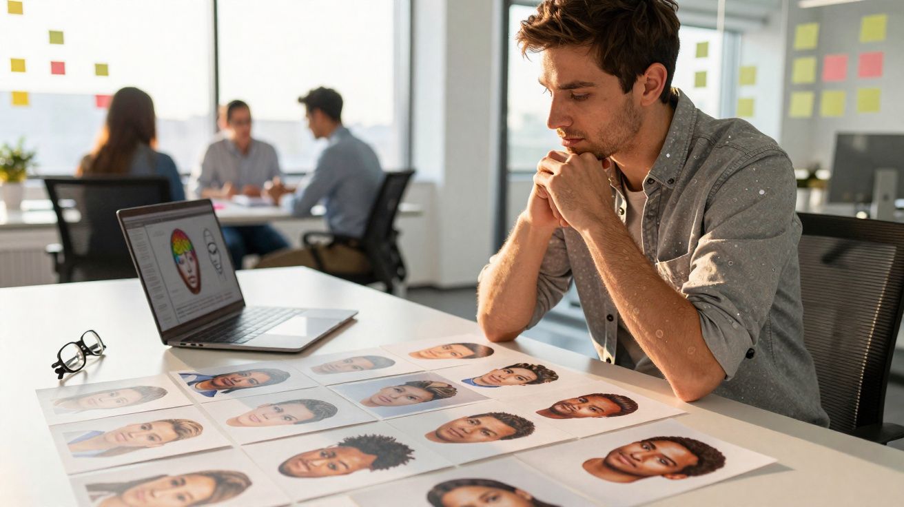 Homem analisa fotos de rostos diversos sobre mesa em escritório moderno com colegas ao fundo.