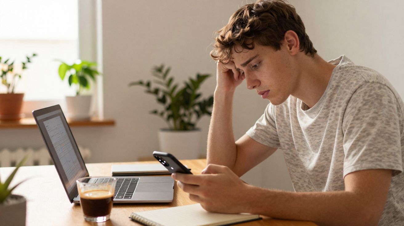 Jovem sentado à mesa olhando preocupado para o celular com laptop, caderno e café na mesa.
