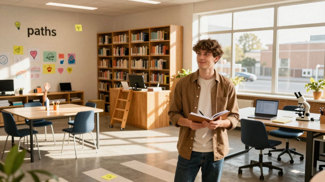 Jovem sorridente segurando caderno em sala de estudo com estantes, mesas, laptop e microscópio.