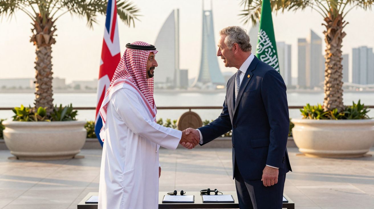 Dois líderes mundiais apertando as mãos em evento ao ar livre, com bandeiras do Reino Unido e Arábia Saudita.