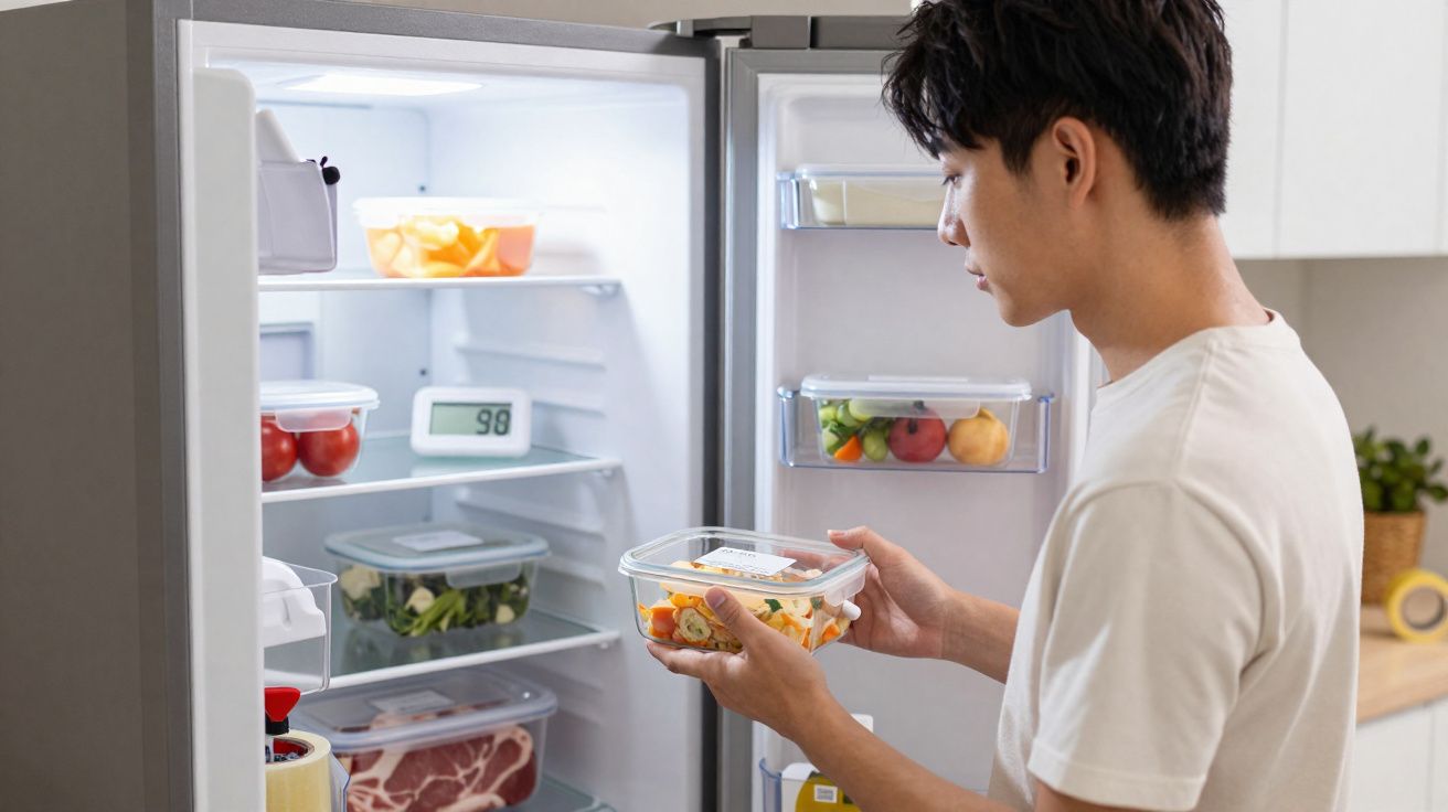 Jovem retira pote com salada de legumes da geladeira moderna aberta em cozinha iluminada.