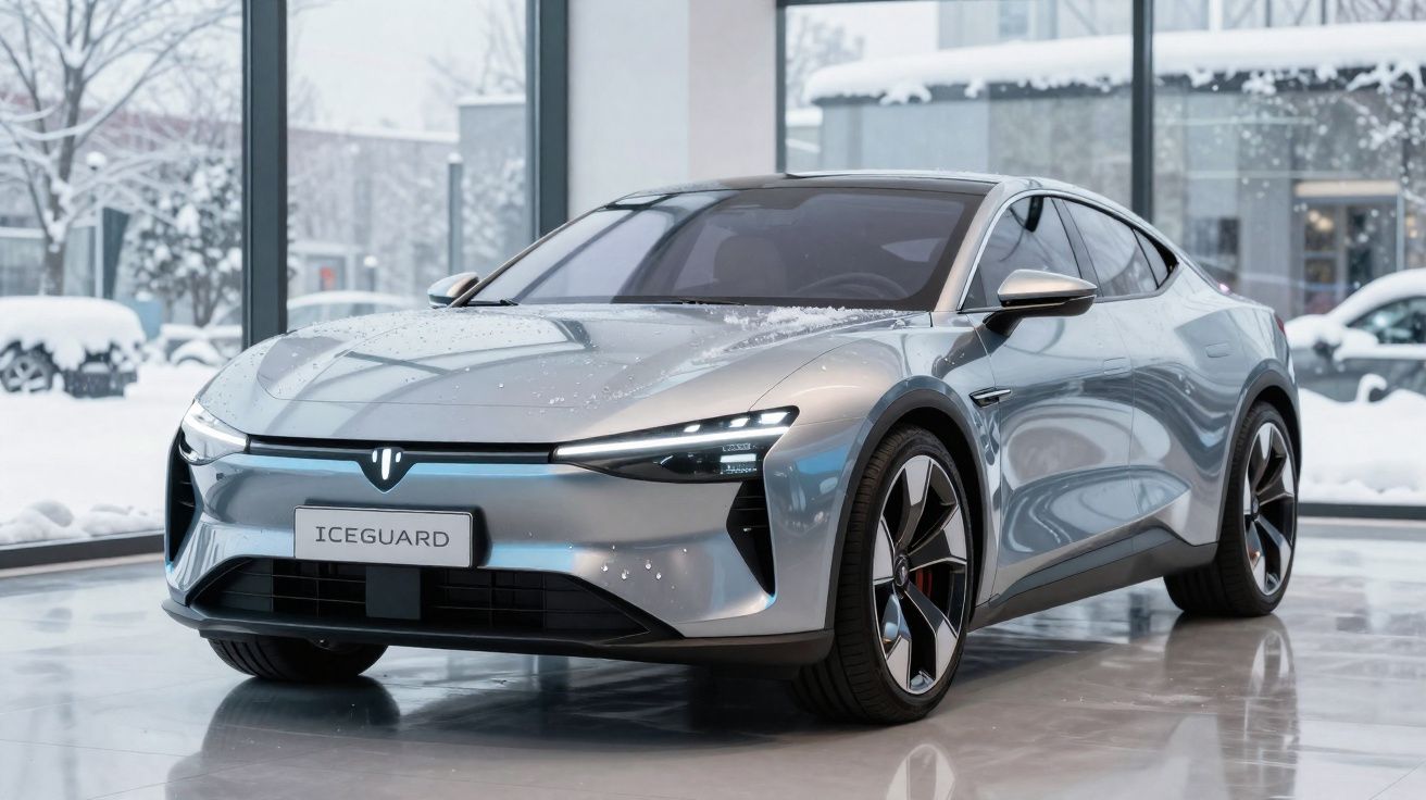Carro elétrico prata modelo Iceguard estacionado em showroom com neve visível do lado de fora.