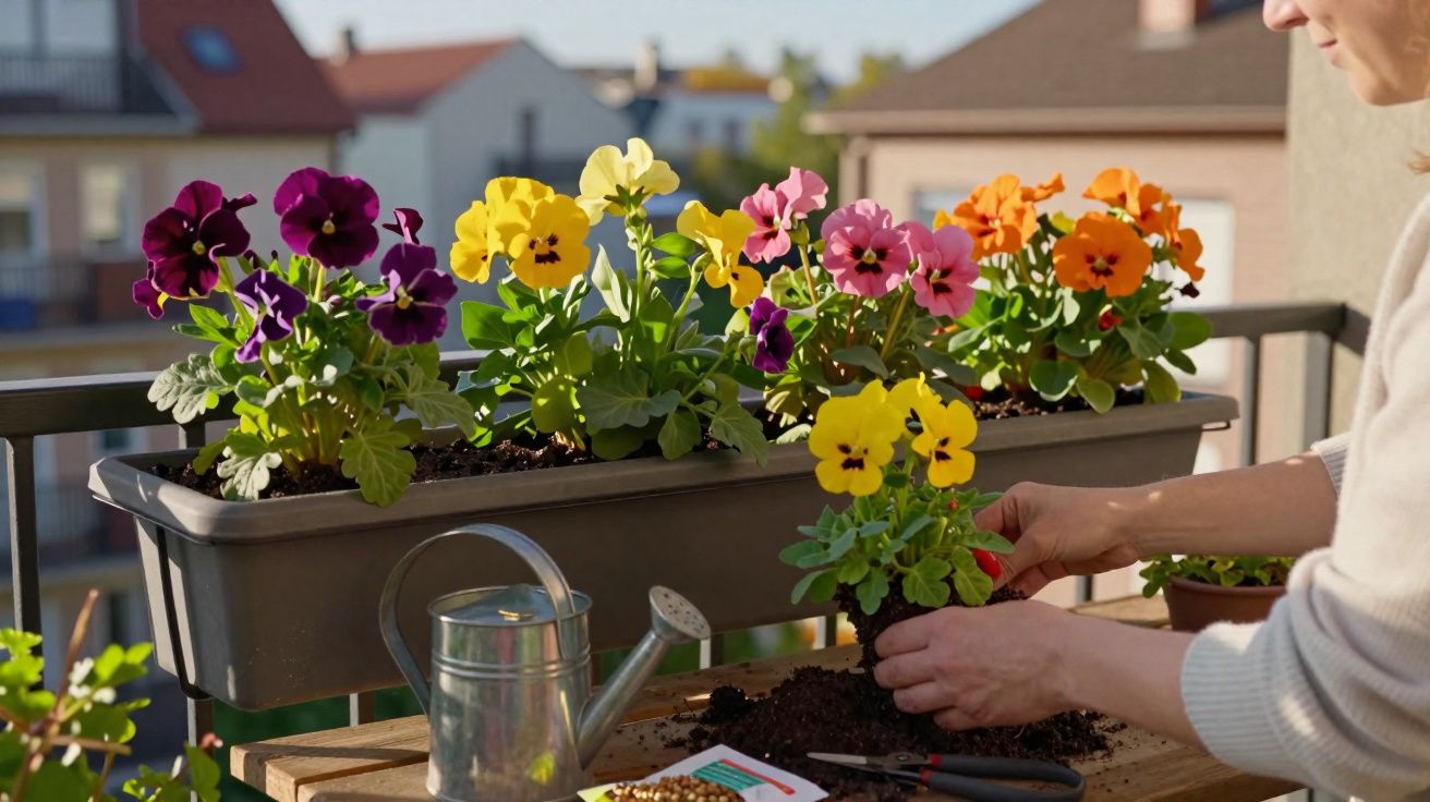 Vaso com várias flores coloridas em varanda sendo cuidadas por pessoa com regador próximo em mesa de madeira.