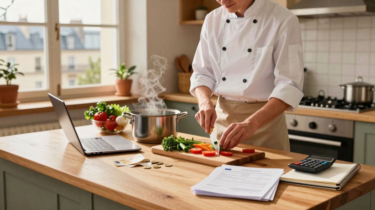 Chef preparando vegetais frescos em uma cozinha moderna com laptop e documentos na bancada.
