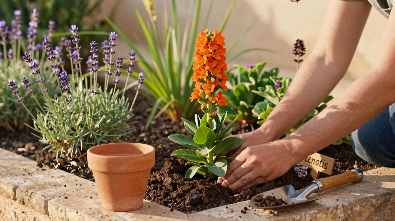 Pessoa plantando flor laranja em canteiro com plantas e ferramentas de jardinagem.