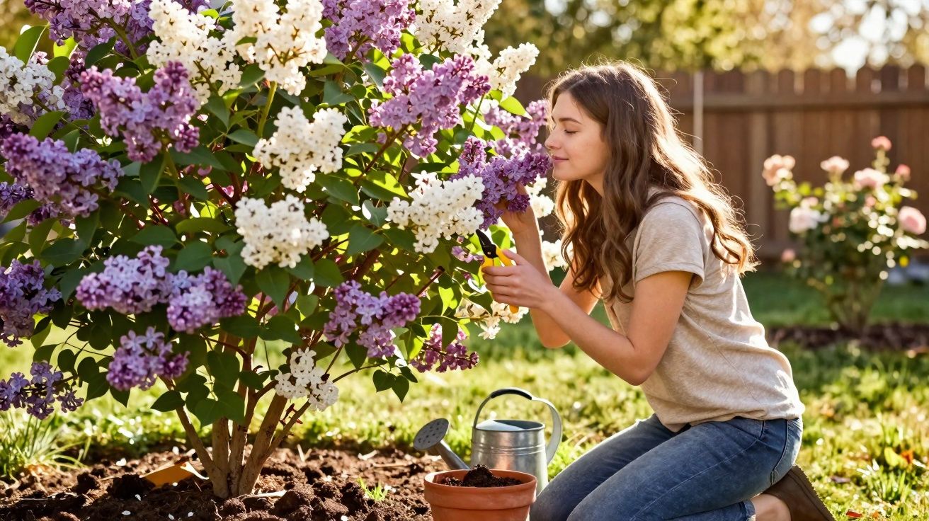 Mulher ajoelhada cheirando flores lilases e brancas em um jardim ensolarado com regador ao lado.