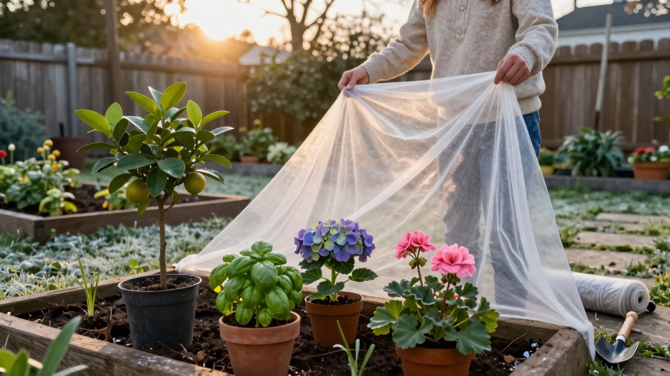 Pessoa cobrindo flores e plantas em canteiro de jardim com proteção transparente ao pôr do sol.