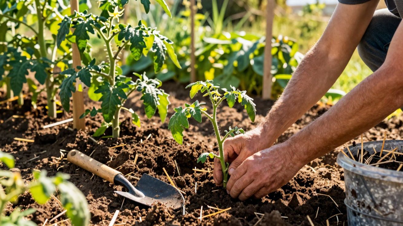 Pessoa plantando muda de tomateiro em solo fértil com enxada ao lado durante o dia.