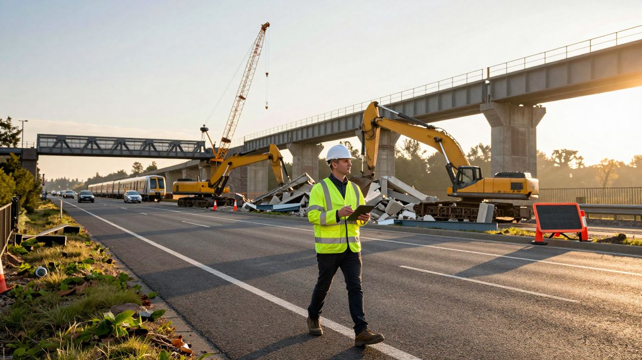 Engenheiro com capacete e colete refletivo caminha em estrada próxima a obras de ponte com máquinas e trens ao fundo.