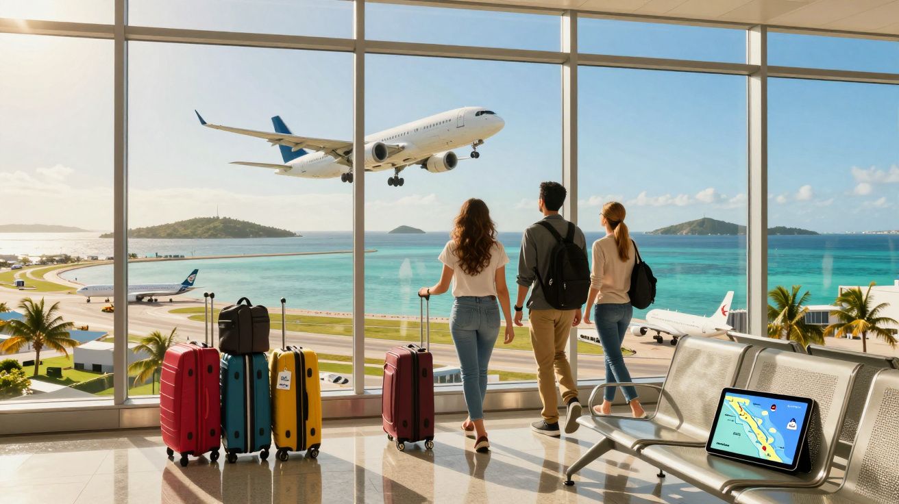 Três pessoas com malas observam avião decolando em aeroporto com vista para o mar e ilhas ao fundo.
