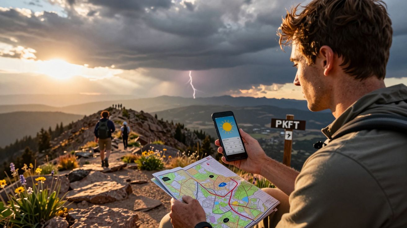 Homem usando celular e mapa em trilha montanhosa com raio ao fundo durante o pôr do sol.