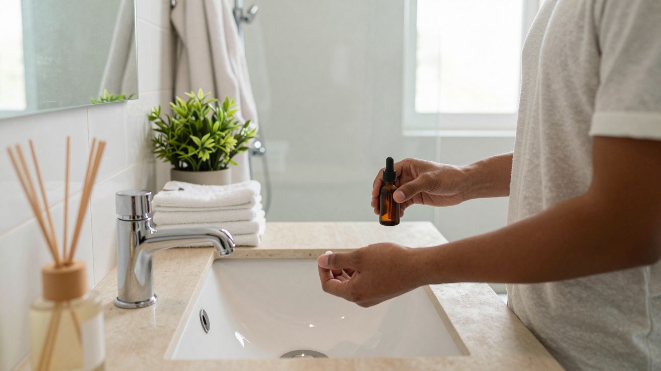 Pessoa aplicando óleo facial com conta-gotas em banheiro com pia, toalhas e planta decorativa.