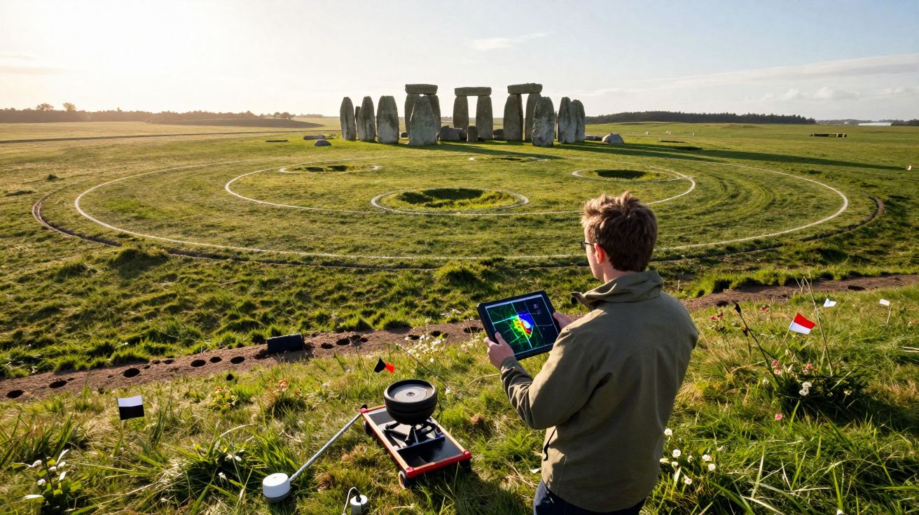 Pesquisador com tablet realiza análise científica no sítio arqueológico de Stonehenge ao entardecer.