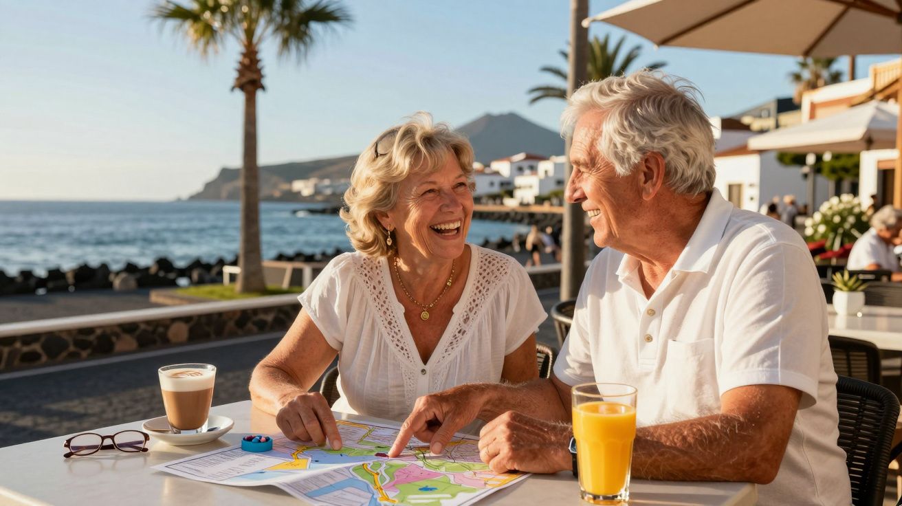 Casal idoso sorrindo e olhando mapa em mesa ao ar livre com vista para o mar e palmeiras.