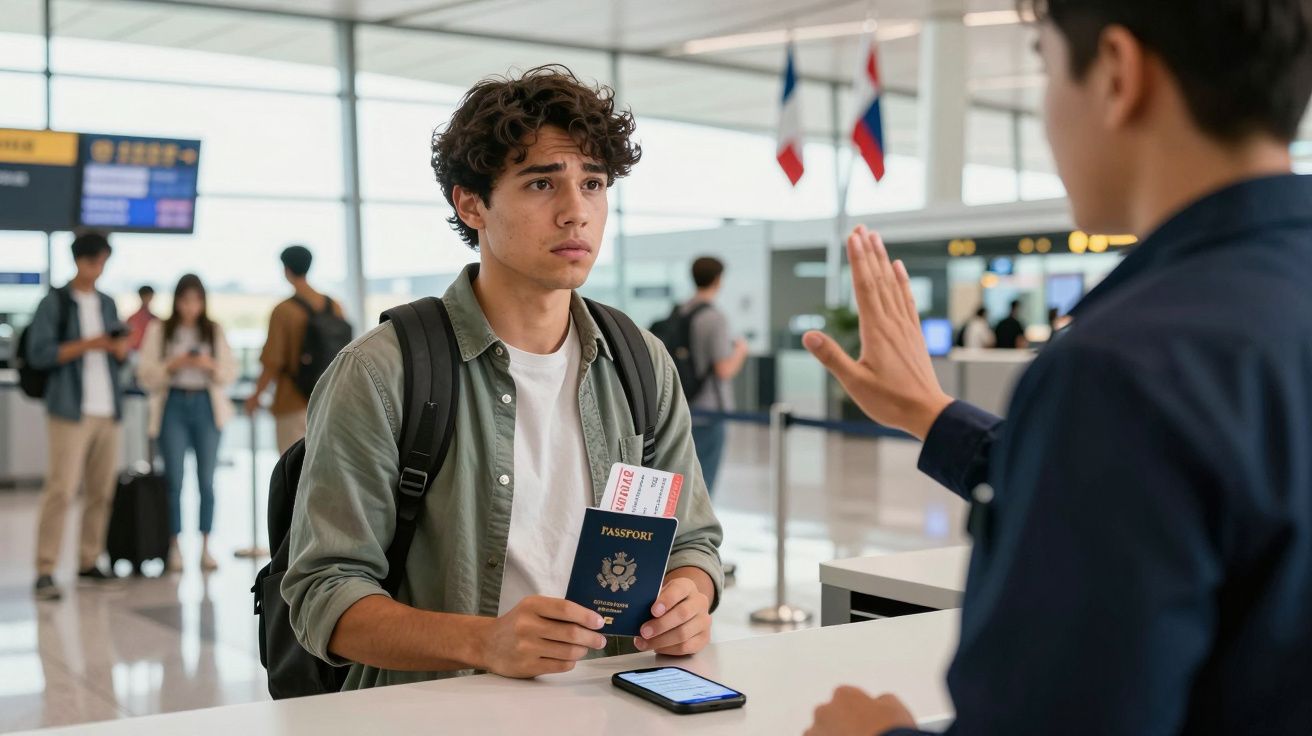 Jovem com mochila mostrando passaporte e passagens a agente no balcão do aeroporto.