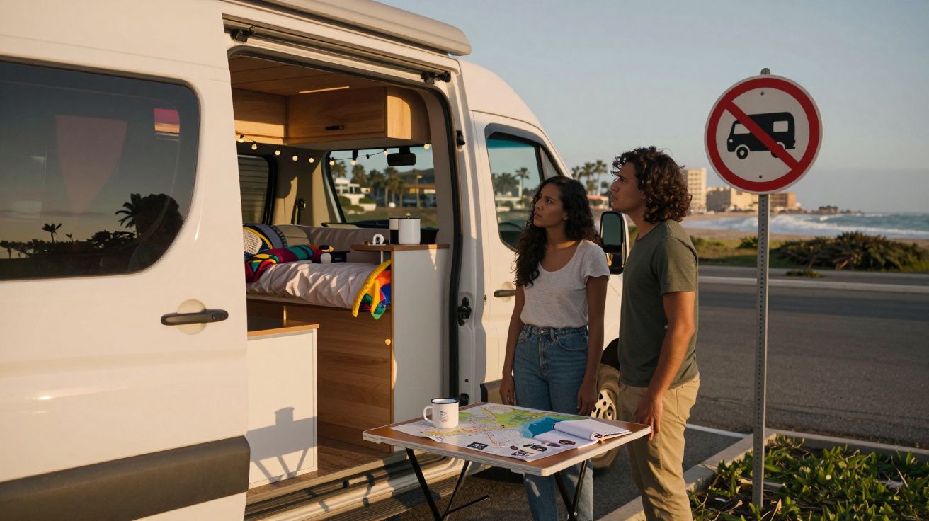 Casal planeja viagem ao lado de van branca estacionada perto da praia e placa proibindo motorhome.