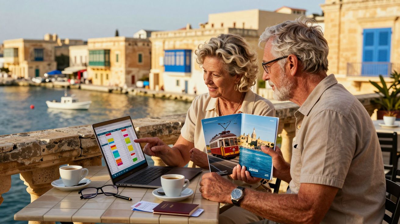 Casal sênior planejando viagem em laptop à beira-mar com livros de guia turístico e café.