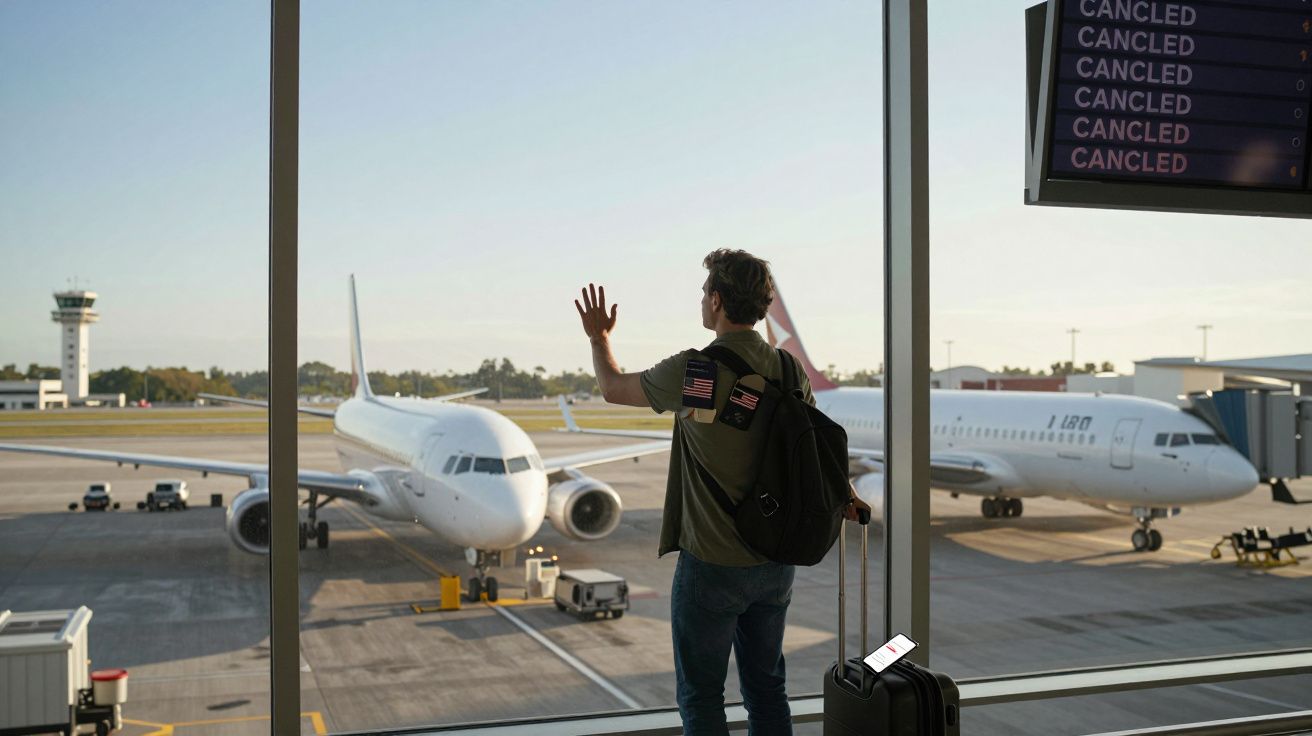 Homem com mochila e mala observa aviões do aeroporto enquanto voos no painel estão cancelados.