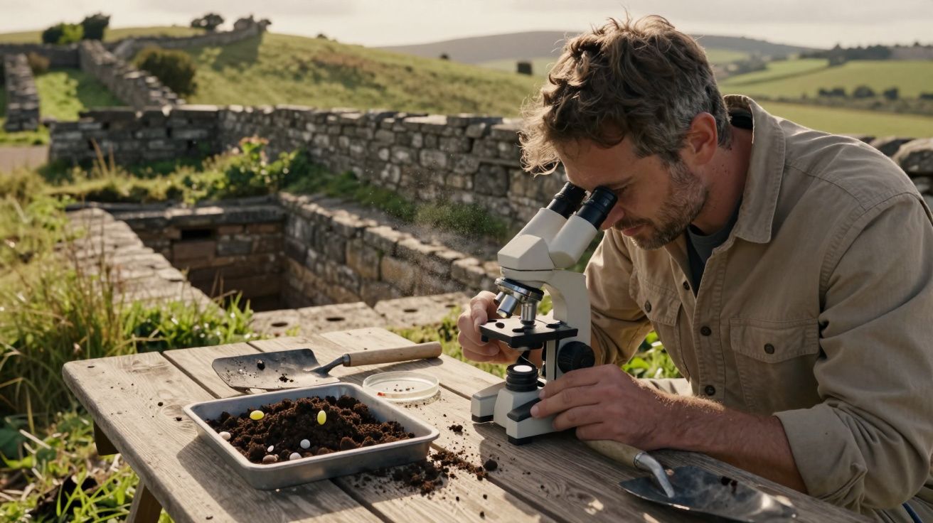 Homem usando microscópio em mesa de madeira ao ar livre, analisando amostra de solo com ferramentas de escavação.